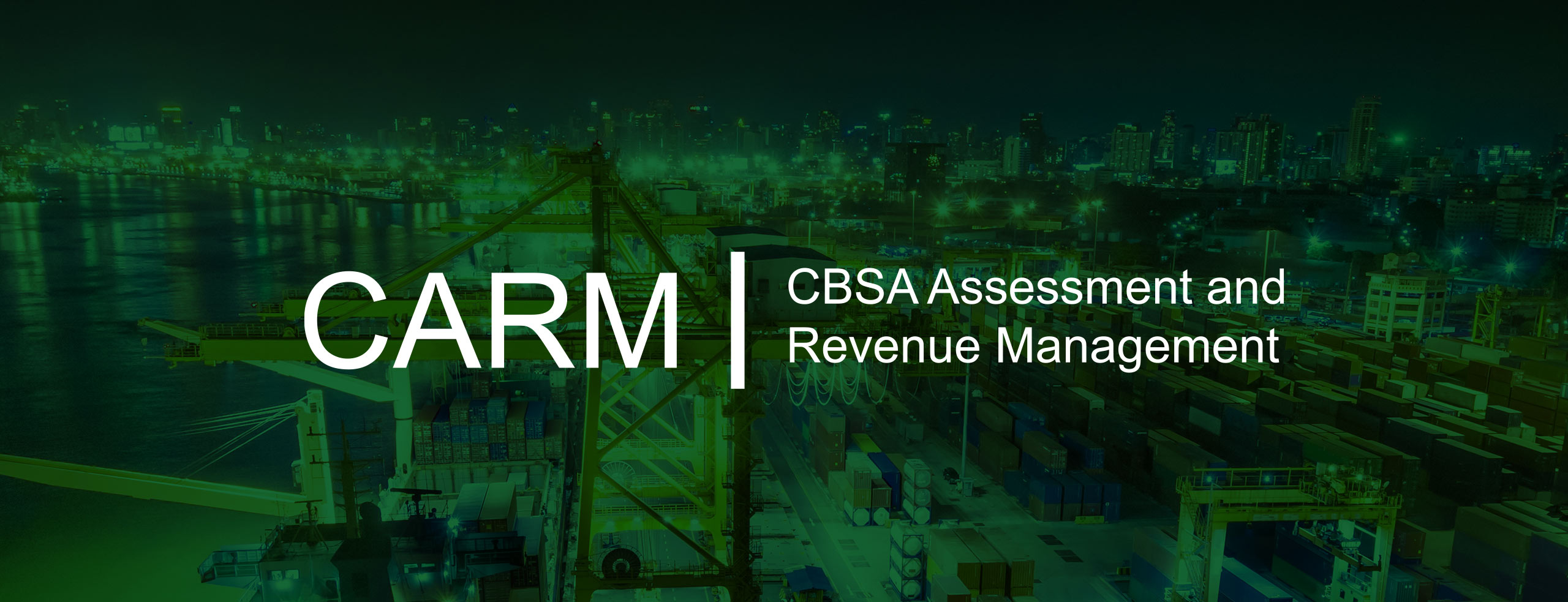The CARM logo with a shipping ocean port in the background.